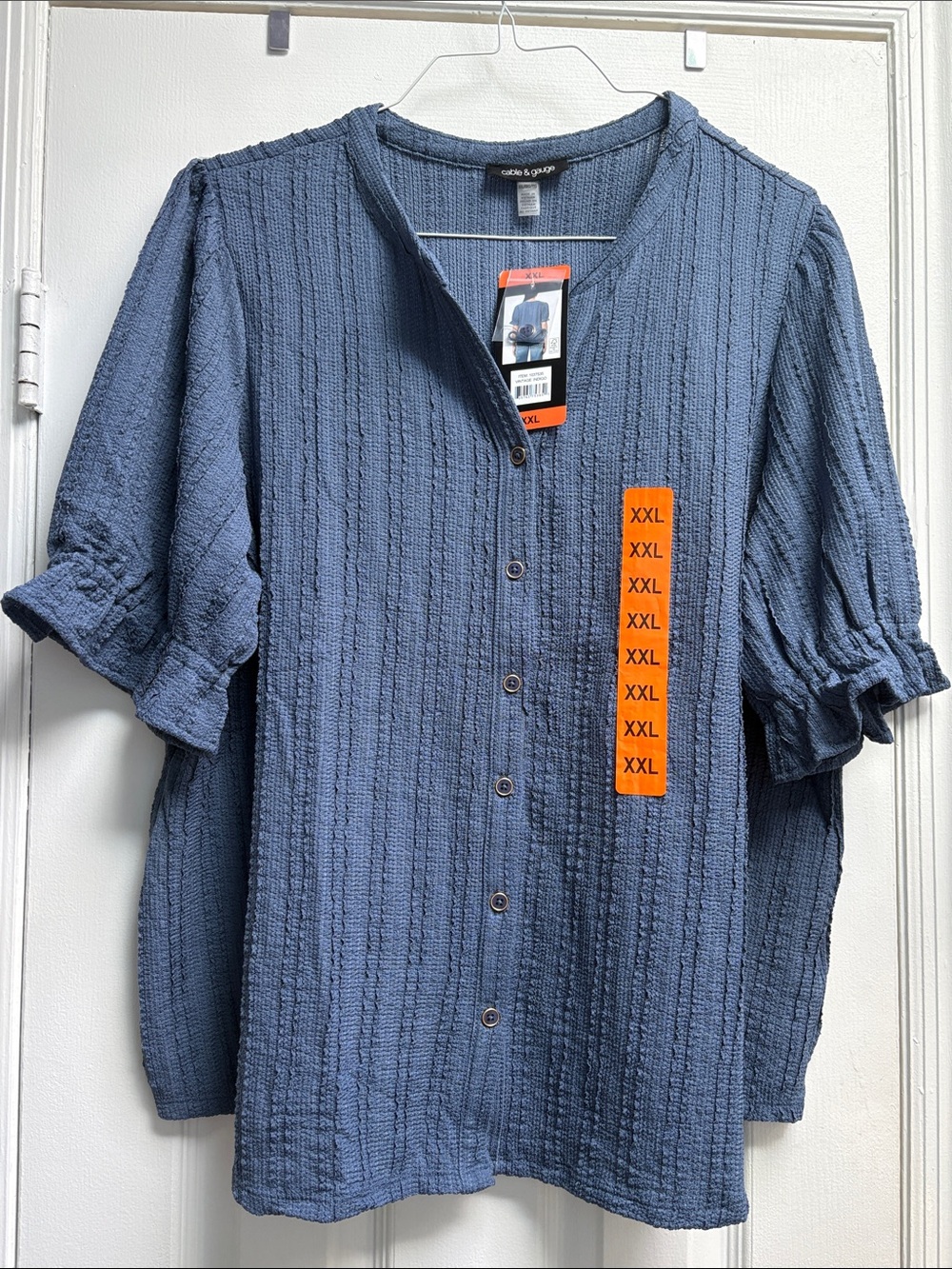 NWT Cable & Gauge Vintage Indigo Navy Blue Textured Button-Front Blouse Size XXL